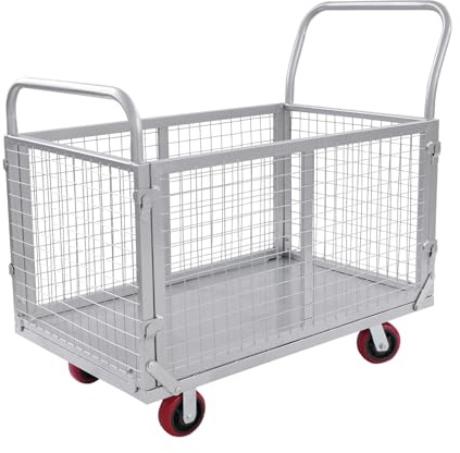 Plattformwagen Transportwagen mit Abnehmbaren Gitter Klappbar Gitterwagen mit Rollen Bremse Rollwagen Multifunktionaler Schubwagen Faltbarer Werkstattwagen Käfigwagen Handwagen, 100x60x94cm