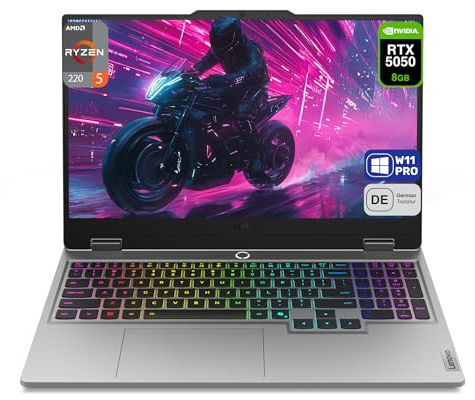 Lenovo LOQ 15AHP10 Gaming Laptop AMD Ryzen 5 220,16 GB DDR5 RAM, SSD PCIe da 512 GB, 15,6 FHD (1920 x 1080), display IPS, NVIDIA GeForce RTX 5050, layout della tastiera tedesca, W11 Home, Luna Grey