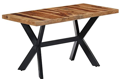 fadaoet Esstisch 140x70x75 cm Massivholz Akazie mit Stahlgestell Kreuzform, Handgefertigt, Poliert und Lackiert, Vintage Industrie Stil für Esszimmer und Küche