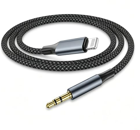 Cavo Audio 1M,Cavo AUX i-Phone Lightning to Jack 3.5mm Macchina Nylon Intrecciato Nero Adattatore Jack Lightning Cuffie Compatible con i-Phone 14 13 12 11 XS XR X 8 7 6 SE,iPad, Autoradio Altoparlanti