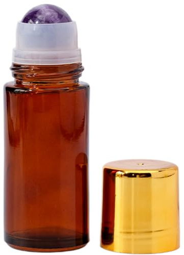 50ml Amber Glass Roller Ball Bottle,Refillable Rose Quartz Roller Ball Bottle,Empty Perfume&Essential Oil Ro/ller Applicator Bot/tle with Purple Crystal B/all,for Castor Oil,Aromatherapy,DIY Cosmetics
