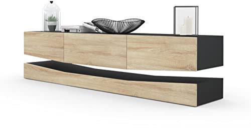 Vladon Lowboard City, Made in Germany, TV-Kommode mit Sockelelement, 1 offenem Fach und 3 Schubkästen, Schwarz matt/Eiche Sägegrau (178 x variabel x 39 cm)