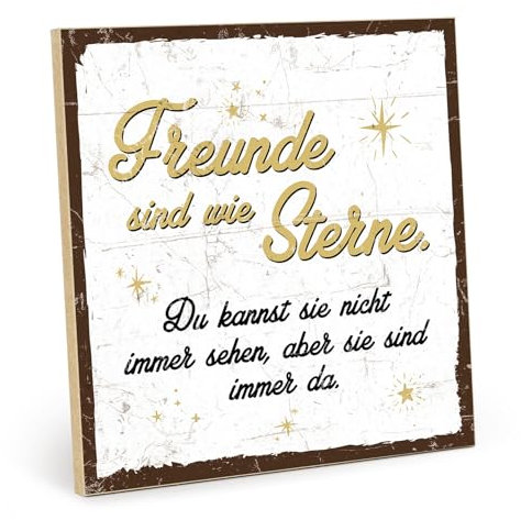 TypeStoff Holzschild mit Spruch – FREUNDE SIND WIE STERNE (weiß-gelb) – im Vintage-Look mit Zitat als Geschenk und Dekoration zum Thema Freundschaft und Nähe - HS-00361