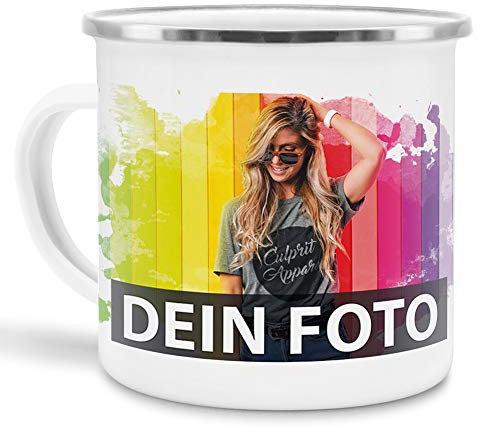 Tasse selbst individuell gestalten/Personalisierbar mit eigenem Foto Bedrucken/Fototasse/Motivtasse/Werbetasse/Firmentasse mit Logo/Emaille - groß - Rand Silber