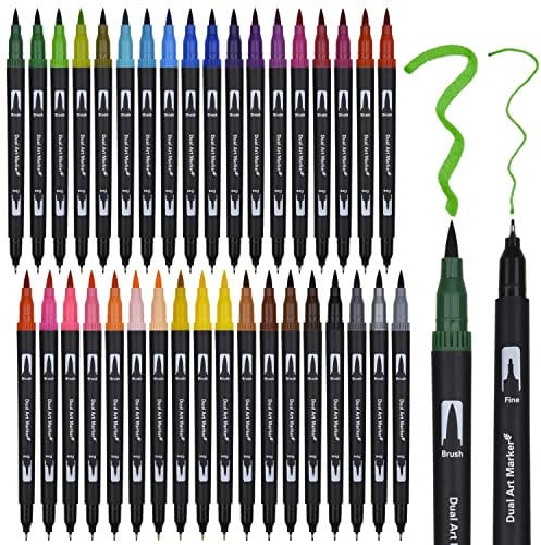 Dual Brush Pen Set, 36 Farben Doppelfasermaler, Tinte auf Wasserbasis Doppelfilzstifte Für Aquarell Watercolo Bullet Journal Handlettering Kalligraphie Manga, Fasermaler[1-2 mm] und Fineliner[0,4 mm]