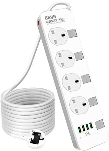 Extension Lead 5M, BEVA 4 Gang Power Strip with 4 USB Ports, Multi Plug Charging Station with Independent Switches, Surge Protected Power Extension for Home & Office - 5 Meter Cord (White)