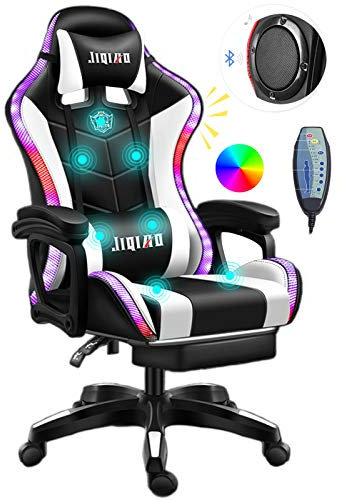 ERSHY Silla Gaming con LED Silla para Computadora De Carreras Silla Ergonómica para Masajes De Oficina con Soporte Lumbar Y Reposapiés Retráctil Ajuste del Respaldo, Altavoz Bluetooth,Blanco