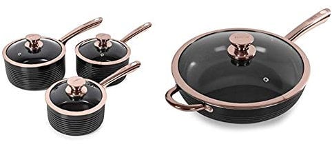 Tower T800001RB Saucepan Set, Aluminium, Black and Rose Gold & Linear Non Stick Saute Pan With Lid, Bonded Stainless Steel Base, Black And Rose Gold, 28 cm