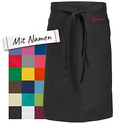 LALALO Vorbinder Schürze mit Name, hochwertig bestickt, Personalisierte Bistroschürze/Kochschürze für Damen und Herren, Malschürze/Schürze zum basteln, kochen, garten oder werken (Schwarz, 60x80 cm)