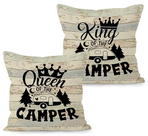 HUYAW King Queen of the Camper Überwurf-Kissenbezüge, lustiges Camping-Geschenk für Paare, Paare, Camping-Kissenbezüge 45,7 x 45,7 cm, Heim, Wohnmobil, Zimmer, Bett, Sofa, Dekoration, 2er-Set