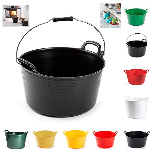 Heavy Duty Plastic Flexi Tub Home Garden Flexible Storage Bucket Laundry Toys Kitchen Bucket, Rubble Container, 2-Handled Recycled Tub (Black, 26L)