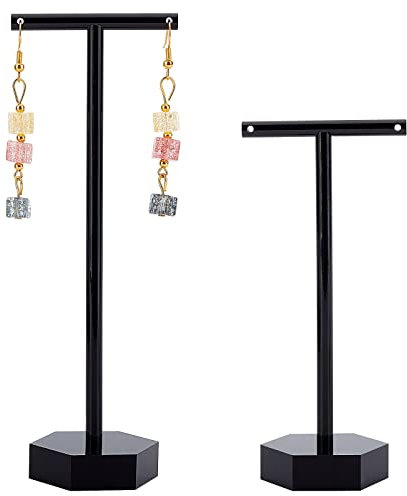 FINGERINSPIRE 2-teiliger Acryl-Ohrringständer T-Form mit Löchern Ohrstecker Präsentationsständer Schmuck-Organizer Ohrring Einzelhandel(Schwarze Sechskantbasis 2 Höhen: 14 cm und 11 cm)