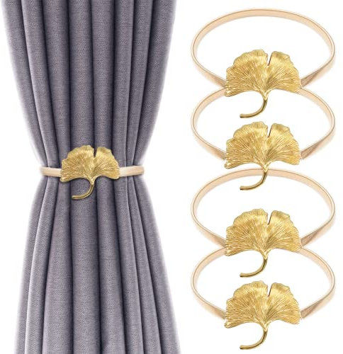Vorhang-Raffhalter aus Aluminiumlegierung, Feder-Design, Blattschnitzerei, Vorhangbinder für Vorhänge, moderner Stil, 4 Stück (Gold Ginkgo)