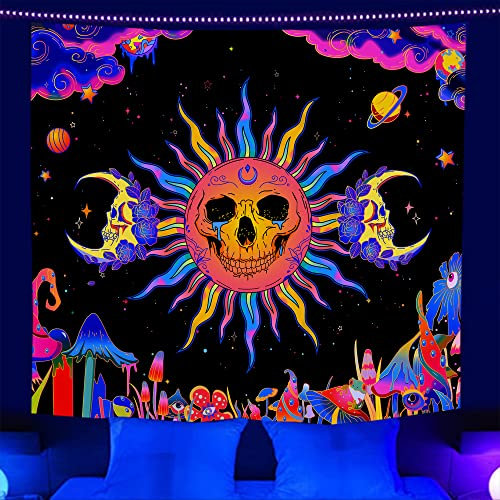 Arola Wandteppiche Schwarzlicht Totenkopf Wandteppiche, UV Reaktiv Wandtuch Skelett Wandteppiche, Leuchtender Wanddekoration Stuch Raumhintergrund Plakate Party Dekoration Gobelin (150x130cm)