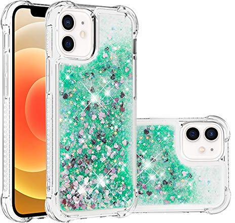 IMIRST Silicone Phone Case for Apple iPhone 12, Corner Airbag Fall Protection Bling Glitter Quicksand Liquid Sparkle TPU Case Cover for Apple iPhone 12. YBW Love Green