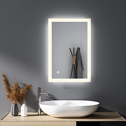 HY-RWML Badspiegel 40x60cm Beleuchtung LED Spiegel 3 Lichtfarbe Wandspiegel Badezimmerspiegel Touch Schalter WandSchalter Rechteckiger Kaltweiß 6500K IP67 energiesparend A++ Badezimmer Wohnzimmer