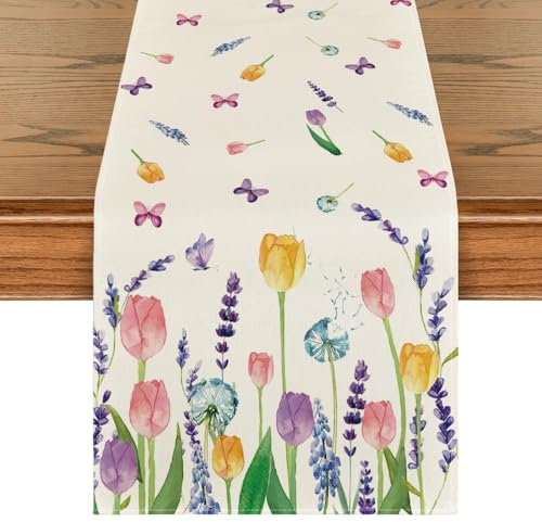 Artoid Mode Tulpen Lavendel Frühling Tischläufer, Saisonnal Sommer Küche Tisch Dekoration Drinnen Urlaub Party Dekor 40x100 cm