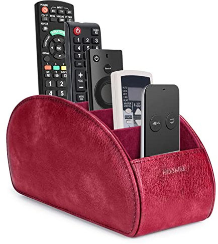 molshine Halter für Fernbedienung mit 5 Fächern,Fernbedienungshalter aus PU-Leder für Büroorganisation,TV-Fernbedienung,Heizungsregler,Mediaplayer,Bürobedarf,Make-up-Pinsel (Dunkelrot)