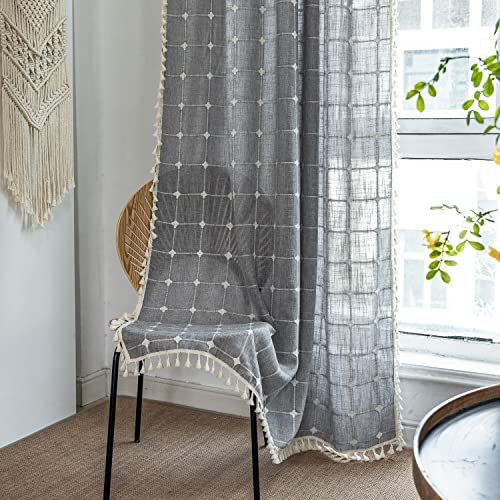 SASIGAYA Gardinen Kariert Quasten Vorhänge Boho Durchscheinend Verdunkelung Vorhang 160 hoch Baumwolle Leine Grau Vorhänge Vintage Landhausstil 2er Set für Modern Schlafzimmer Wohnzimmer