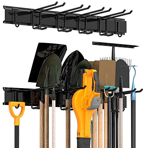 Sttoraboks Werkzeug-Wandregal, verstellbar Wandhalterungen für Garage und Garten mit 6 Haken & 2 Schienen, Hochbelastbares Werkzeugregal bis 136kg, für Garage, Garten, Ski, Besen, Rechen
