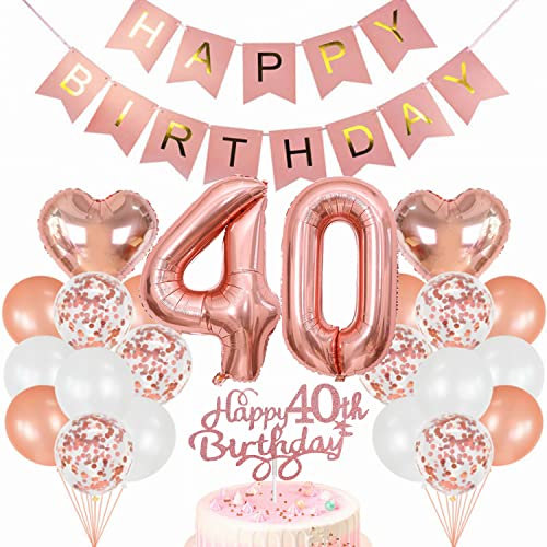 Conruich Geburtstagsdeko 40 Jahre Frau: Luftballon Set, Rosegold Tortendeko, Happy Birthday Banner, Ballon 40, Konfetti Ballons, Herz & Stern Folienballons