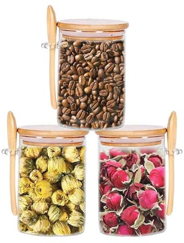 3 Piezas Tarro de Vidrio de Almacenamiento con Hermético Tapa Madera y Cuchara, 600ML Botes de Cristal Tarros de Cristal Reutilizables, Set de Recipientes Organizador Cocina para Café, Especias