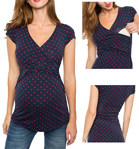 Buliezy Maternité Allaitement Chemise croisée à Manches Courtes et col en V Solide Enceinte T-Shirt de Grossesse - Allaitement Blouses