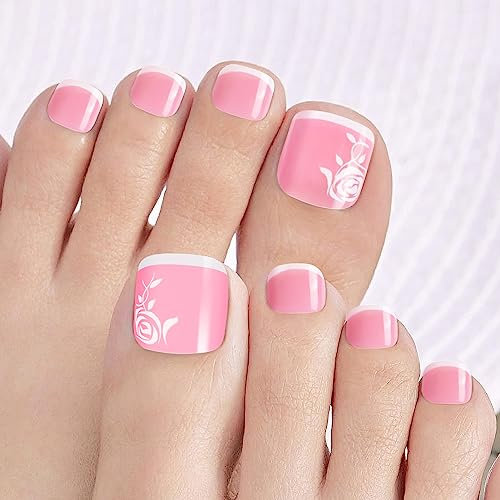 Kiiwah 48 Stück Rose Zehennägel zum Aufkleben, 12 Größen Künstlich Fußnägel Tips, Full Cover Acryl Zehen Nagelspitzen Fake Nail Tips für Frauen Mädchen Nagel Dekoration