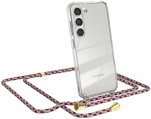 EAZY CASE - Handykette kompatibel mit Samsung Galaxy S23 Kette zum Umhängen für Samsung Galaxy S23 Hülle mit Band aus Silikon stoßfeste transparente Handyhülle als Fallschutz in Rot Camouflage