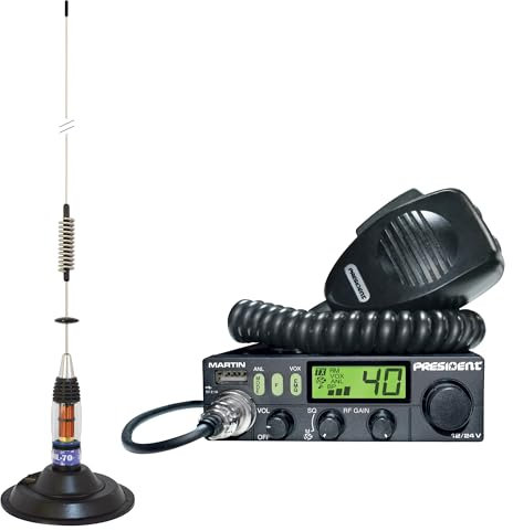 CB-Funkgerät President Martin ASC, Roger Beep, Scan, ANL-Filter, 4 W, 12V / 24V mit mehrfarbigem Display + CB-Antenne PNI ML70 PL Verbinder, 145 mm Magnetfuß inklusive, CB Funkgerät
