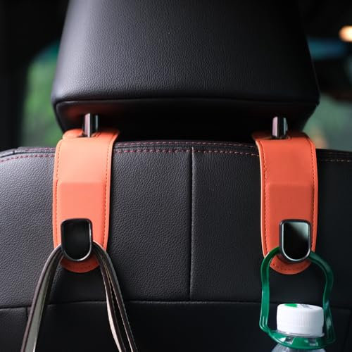 Qirc Auto-Haken, 2 Stück Leder Aufbewahrung Organizer Tasche, Universal Rücksitz Kopfstütze Aufhänger zum Aufhängen von Handtaschen und Einkaufstaschen (Orange)