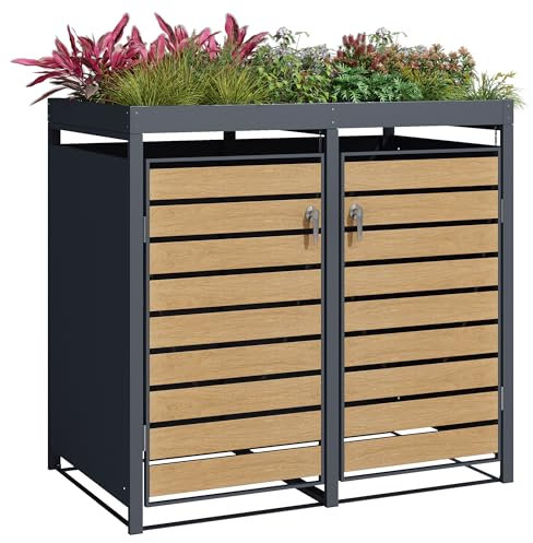 Double Wheelie Bin Steel Storage with Plant Roof - Outdoor Trash Can Storage - Teak Wood Effect - Size 80D x 132W x 124H centimetres