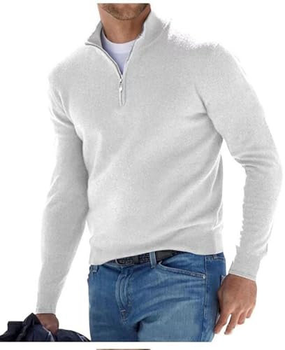 Men's Cashmere Zip Basic Sweater, Polo Shirt, Classic V-Neck, Long Sleeves, Soft Touch, Quarter Zip (Weiß,M)