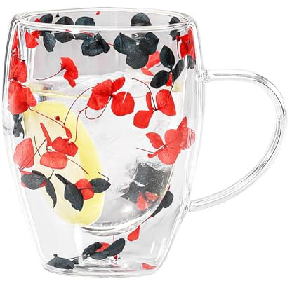 itrimaka Tasses À Café À Double Paroi avec Fleurs Séchées, Tasses en Verre Transparent de 350 ML avec Poignée pour Jus, Thé ou Café