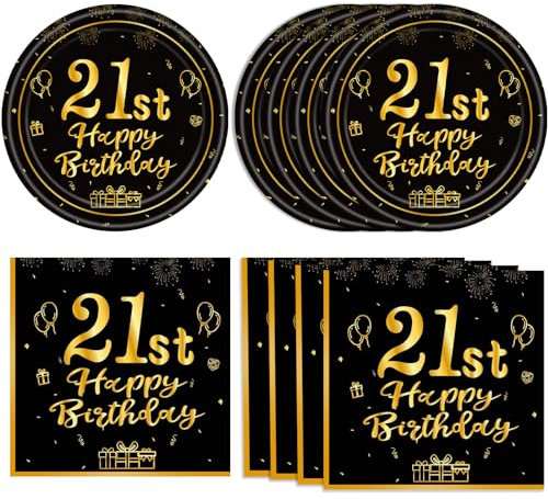 KHAIVI 40 Pcs 21st Birthday Decorations Happy Birthday Decorations 21 Years Tableware Table Decorations Black Gold 21st Birthday Plates Napkins Dinnerware 21st Birthday Decorations for Him