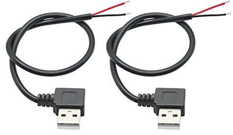 Riertostng Short USB 2.0 Male Plug 2 Pin Bare Wire,90 Degree 30cm/11.8in USB A Male Pigtail Open End Power Cable,for 5V/3A USB Equipment Installed or DIY Replace Repair Cable(2Pcs)