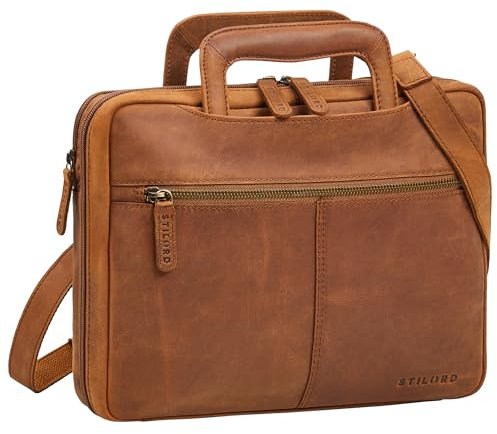 STILORD 'Connell' Bolsa Portatil 13.3 Pulgadas Cuero Maletin Piel Hombre Funda Ordenador Portadocumentos A4 Vintage Funda Tablet de Cuero Genuino, Color:tan marrón - oscuro