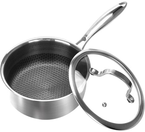 CBYJK Casserole antiadhésive de 2 litres avec couvercle en verre, casserole à induction en acier inoxydable avec sculpture en nid d'abeille, casserole antiadhésive, compatible avec toutes les tables