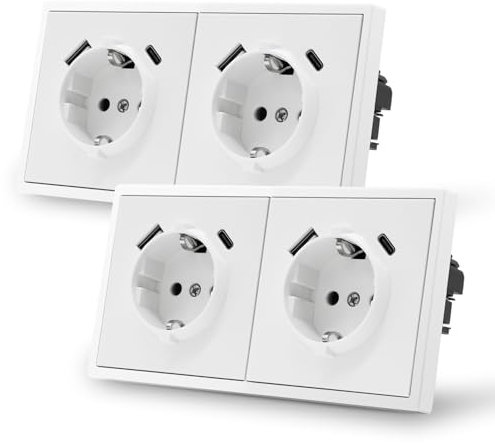 Prise de courant MVAVA avec USB C Norme européenne Prise de courant encastrée à 2 compartiments Installation facile Prises de courant 80mm*150mm Nécessite 3 câbles Blanc 2 packs