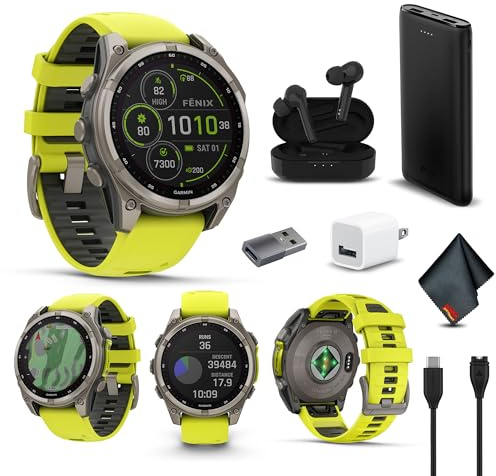 Garmin Fenix 8 47MM Solar Sapphire Multisport GPS Smartwatch Titanium with Amp Yellow Silicone Band, 48 Days Battery Life Smart Watch Pro Bundle