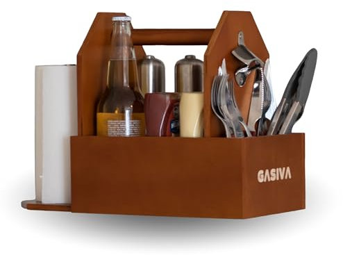 GASIVA Grill-Caddy-Organizer aus Holz - Rustikaler Grillutensilien-Organizer mit Griff für Gewürze, Werkzeuge und Zubehör - Ideal für Grillabende, Picknicks und Camping - Braun