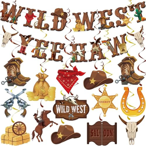 13 Stück Western Cowboy Party Dekoration Kits,Western-Cowboy Hängende Wirbel,Western-Cowboy Banner,Wilder Westen Deko für Jungen Mädchen Geburtstag Western Baby Shower Party Supplies