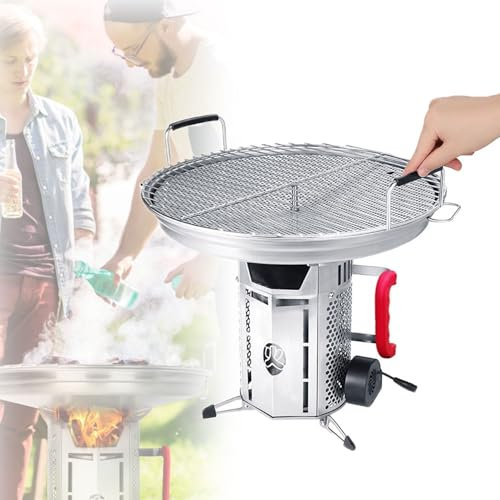 Barbecue Portable, Poêle À Bois sans Fumée en Acier Inoxydable avec Plat De Cuisson De 40 Cm, 3 Niveaux Réglables, Capacité Portante 200 Kg, Poêle D'extérieur pour Plage, Camping-Car, Camping, Pêche