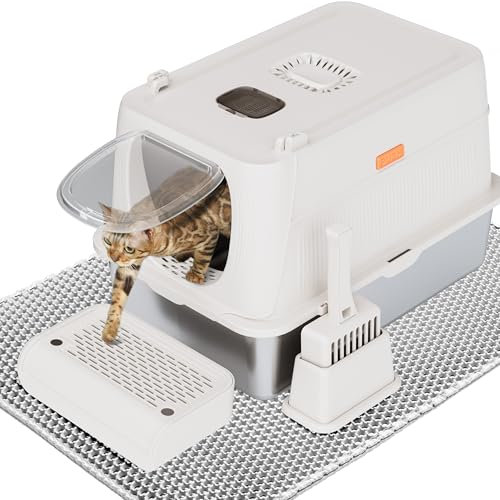 Citylife Bac litière Chat en Acier Inoxydable, Extra Large, fermée, Amovible, en métal, avec Pelle à litière et Tapis de litière, Amovibles avec Boîte de Charbon Actif Cachée sur Dessus, Blanc