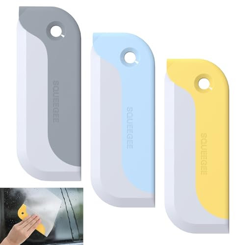 MADGININE Mini Squeegee 3 Pcs Small Squeegee No Scratches Flexible Rubber Car Window Squeegee Suitable for Mirrors Windows Glass and Surfaces in Kitchens Bathrooms and Cars(Blue Yellow Gray)