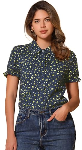 Allegra K Women's Short Sleeve Button-Up Peter Pan Collar Blouse, Dark Blue Floral, XL