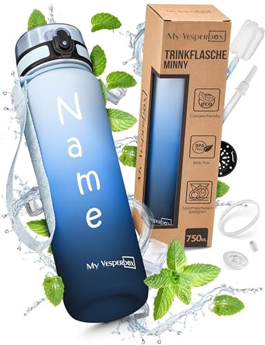 My Vesperbox – Minny - Kinder Trinkflasche auslaufsicher – 750ml – mit Strohhalm oder Sieb - BPA frei - für Kindergarten, Schule (750ml, Blauverlauf)