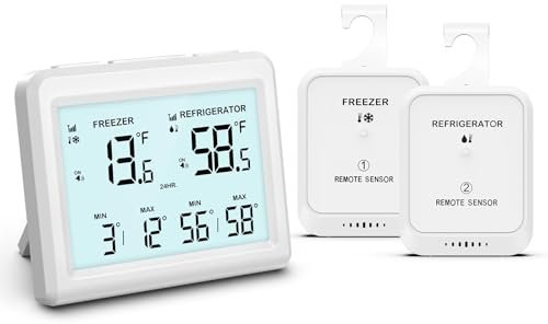 OQIMAX Thermometre Frigo, Thermometre Congelateur avec 2 Capteurs, MIN/MAX, ℃/℉, Fonction Alarme, Alarme Congélateur, Thermometre Refrigerateur, Thermomètre Connecté pour Maison, Cuisine, Bars