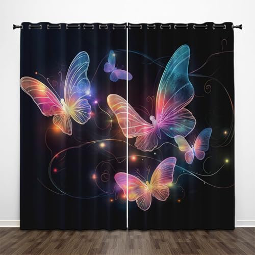 CEDNXOER Vorhänge Blickdicht 3D Druck Schmetterling Verdunkelungsvorhang Für Kinderzimmer, Streifen Fensterdekoration Gardinen Mit Ösen H 200 x B 70 cm 2 Stücke Schallschutz Vorhang