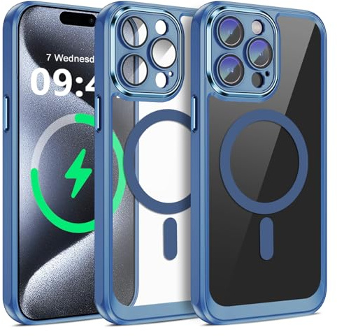 Cover per iPhone 15 Pro Custodia con 2 Pezzi Vetro Temperato, Compatibile con Magsafe Chiara Trasparente Posteriore Sottile Antiurto Protettiva Case per iPhone 15 Pro Hülle (Blu)